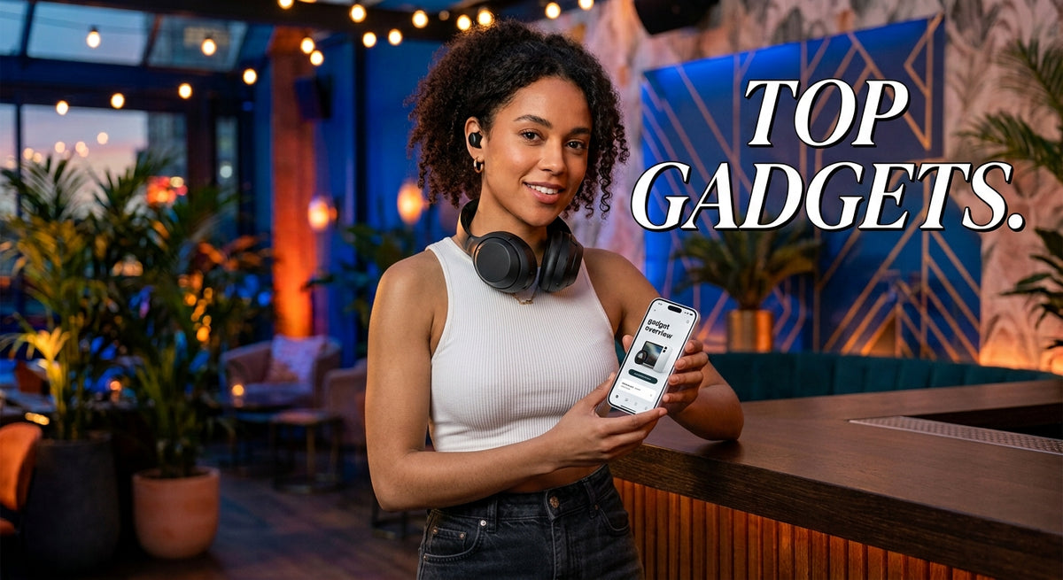 Young woman wearing headphones beside a portable speaker